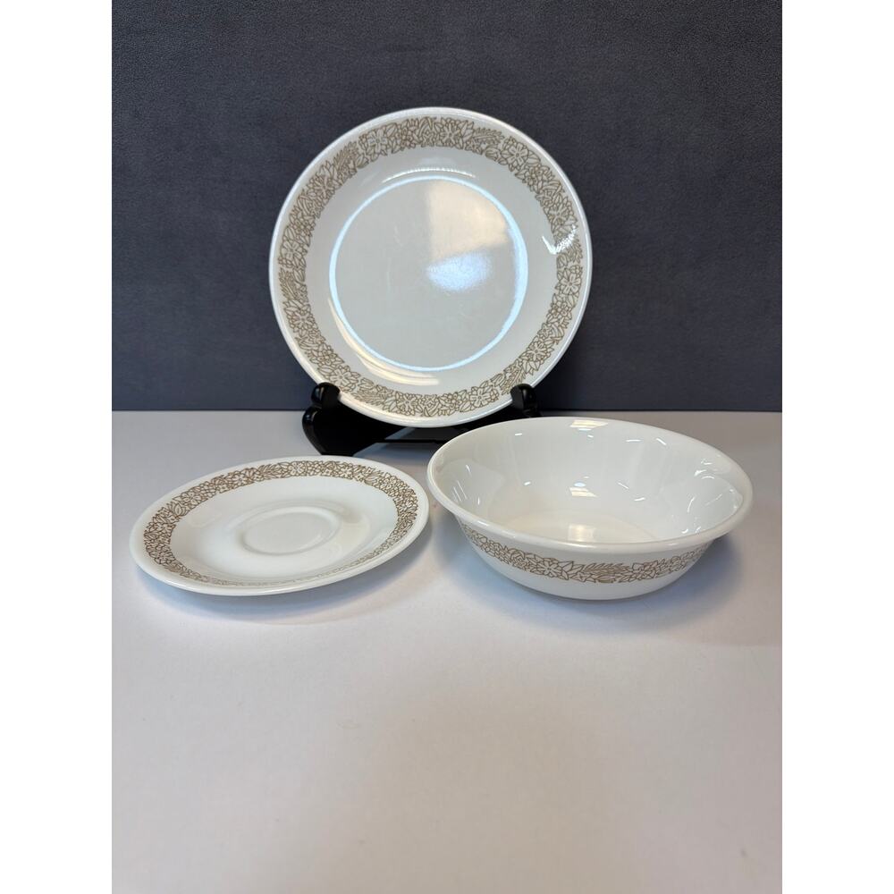 Vintage Corelle 3Piece Set Woodland Brown 1-Lunch Plate, 1-Bowl, & 1-Saucer